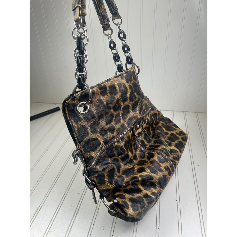 Leopard Print Slouchy Punk Grunge Edgy Vintage Y2K Chain Strap Shoulder Bag - Picture 6 of 13